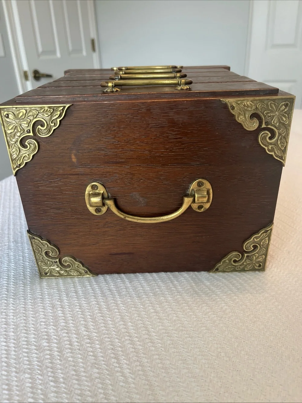 Vintage Japanese Tansu Wooden Jewelry Chest with Brass Accents - Brown